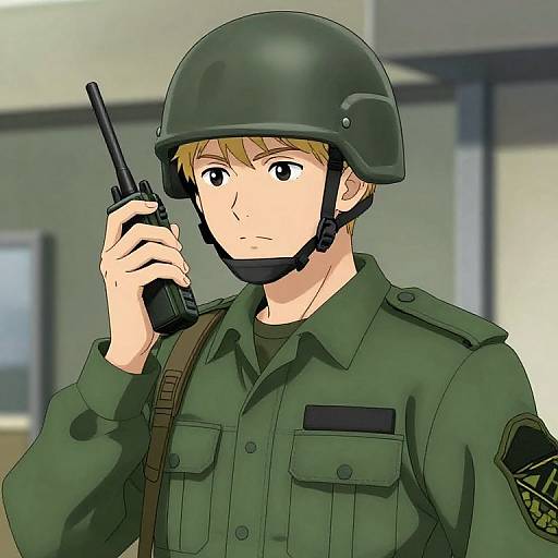 Anime-style digital drawing of a serious young male soldier in green uniform, helmet, and holding a radio, with a blurred indoor background.
