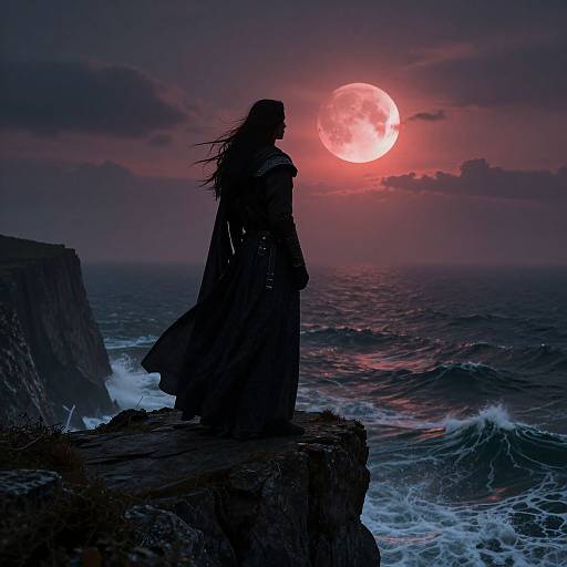 Silhouetted figure in long coat stands on rocky cliff, gazing at full red moon over turbulent ocean at sunset. Digital art.
