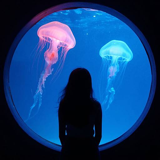 Silhouetted figure of a person with long hair standing before a circular aquarium, illuminated by vibrant blue and pink jellyfish.