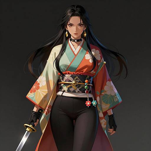 Dark-Haired Woman in Colorful Kimono with Sword