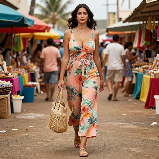 Photograph of a confident woman with curly black hair, wearing a colorful floral sundress and sandals, carrying a woven bag, walking through a vibrant outdoor