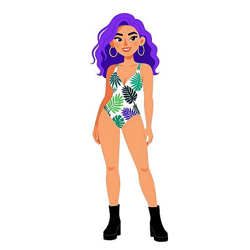 Digital illustration of a confident woman with purple hair, wearing a green leaf-patterned swimsuit, black ankle boots, and large hoop earrings, standing against
