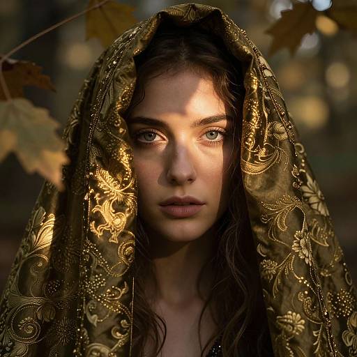 Photograph of a young woman with fair skin, green eyes, and long dark hair, wearing an ornate, golden-brown veil, illuminated by