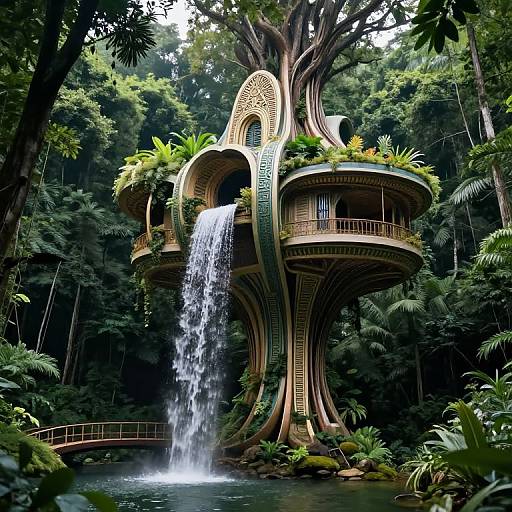 Photograph of a whimsical, Art Nouveau-inspired treehouse with ornate balconies, waterfall, and lush jungle surroundings, blending nature and architecture