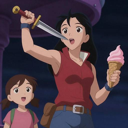 Woman holding dagger and ice cream cone with girl looking up