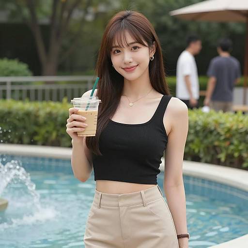 Smiling Asian Woman in Garden Scene