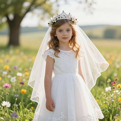 Photograph of a young girl with blue eyes, wearing a white lace dress and floral crown, standing in a sunlit meadow of colorful wildflowers