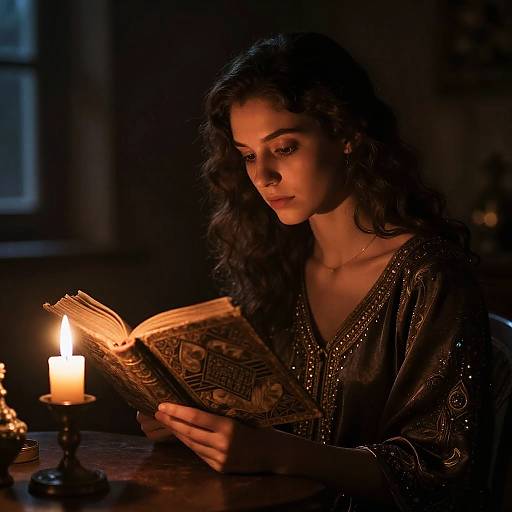 Girl Reading Ancient Book by Candlelight