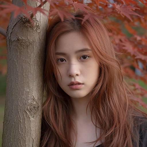 Photograph of an Asian woman with long, red hair, standing against a tree, surrounded by autumn leaves, with a focused, neutral expression.
