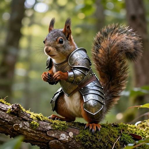 Photograph of a red squirrel wearing medieval silver armor, standing on a moss-covered tree branch in a sunlit forest.