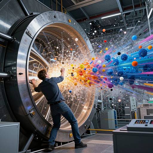 Photograph of a man in a dark jacket and jeans firing a large, metallic cannon in a factory, with colorful explosions and spherical projectiles blasting outward.