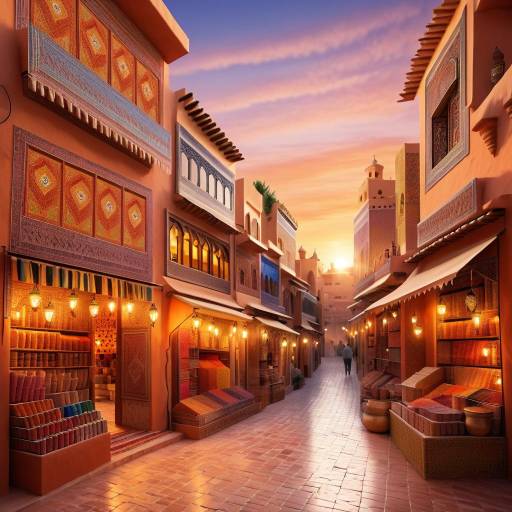 Moroccan Souk with Colorful Rugs at Sunset