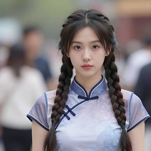 Photograph of an East Asian woman with long black braids, wearing a silver and blue traditional Chinese cheongsam, standing outdoors with a blurred background