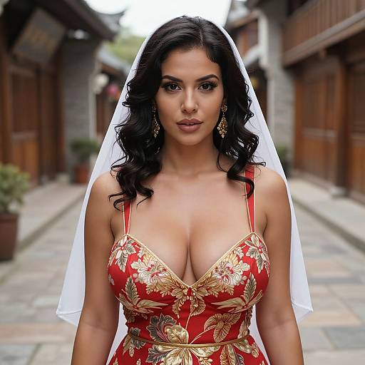 Photograph of a curvy woman with long dark hair, wearing a red, low-cut floral dress, white veil, gold earrings, and standing in