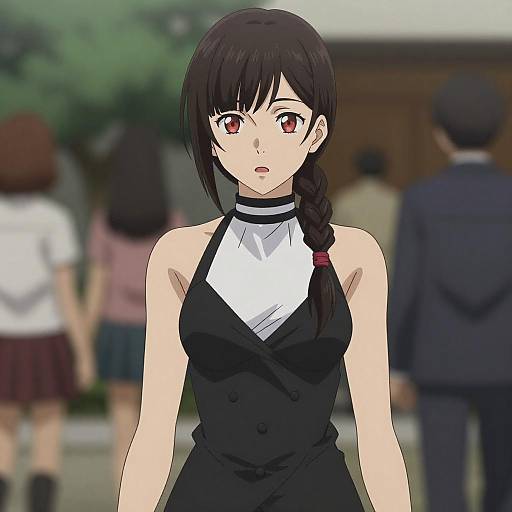 Anime-style digital drawing of a young woman with black hair in a braid, wearing a black sleeveless dress with a white high-neck, standing in