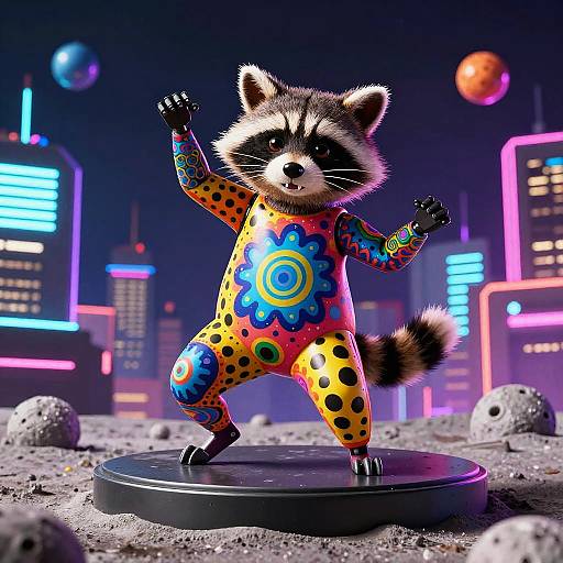 CGI image of a raccoon in a colorful, psychedelic onesie, standing on a platform in a neon-lit, futuristic cityscape.