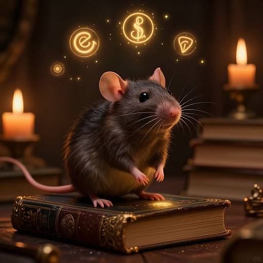 Photorealistic CGI of a black and pink mouse standing on an ornate, glowing book, surrounded by candles and mystical symbols.