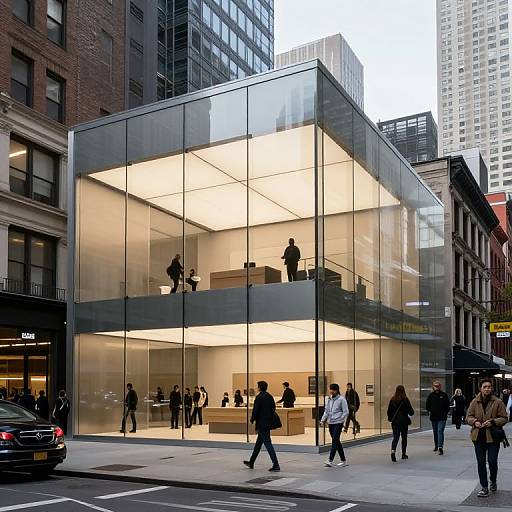 Photograph of a modern glass-walled building in an urban setting, with people walking and entering the brightly lit, minimalist interior.