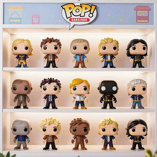 Photograph of 15 Marvel Pop! Vinyls displayed in three rows, featuring diverse characters with large black eyes, colorful outfits, and illuminated background.