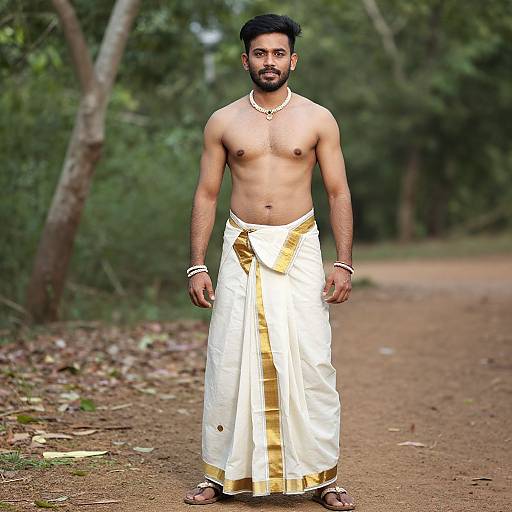 Photograph of a shirtless Indian man with dark hair and beard, wearing a white dhoti with gold trim, standing on a forest path.