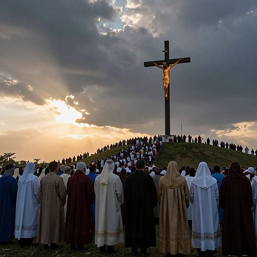 Photograph of a large crowd in religious robes standing before a tall crucifix on a hill, under a dramatic, cloudy sunset sky.