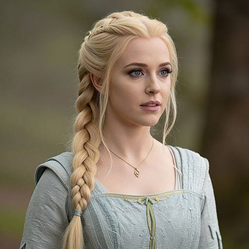 Photograph of a blonde woman with a braided ponytail, wearing a light blue, embroidered medieval-style dress, with a blurred green forest background.