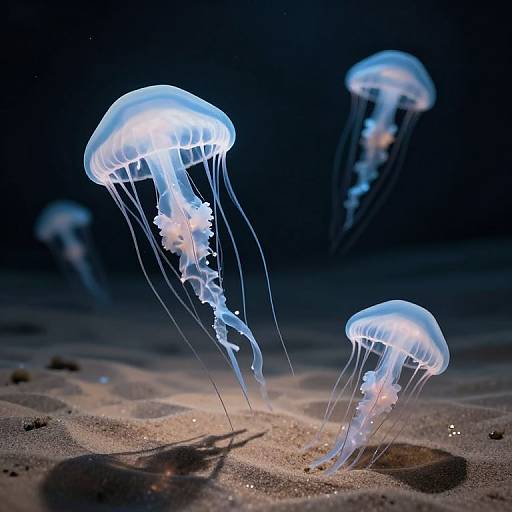 Photograph of glowing blue jellyfish with translucent, flowing tentacles, floating above sandy ocean floor under dark, deep blue water.