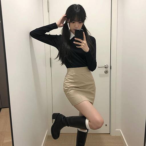 Young woman taking mirror selfie indoors