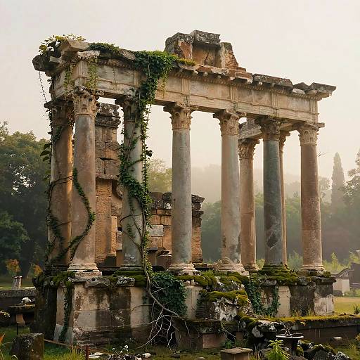 Ancient Roman Temple Ruins in Mist
