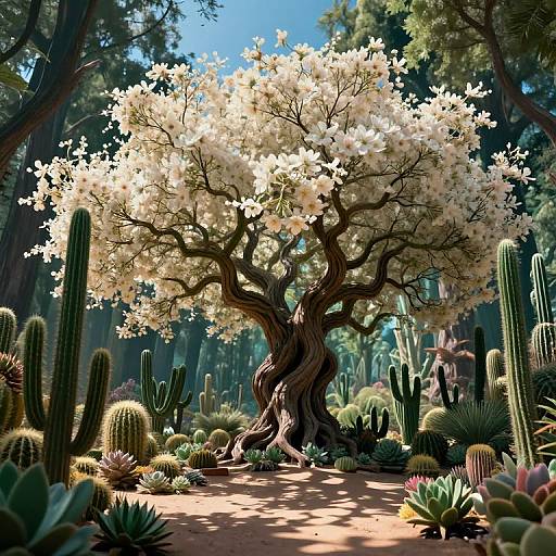Photorealistic digital art of a sunlit desert garden with a majestic, twisted tree adorned with white blossoms, surrounded by cacti and succ