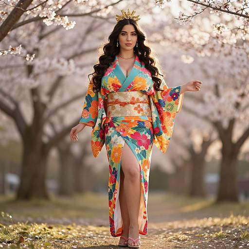 Photograph of an Asian woman with long black hair, wearing a colorful floral kimono and gold crown, walking along a cherry blossom path. Sunlight