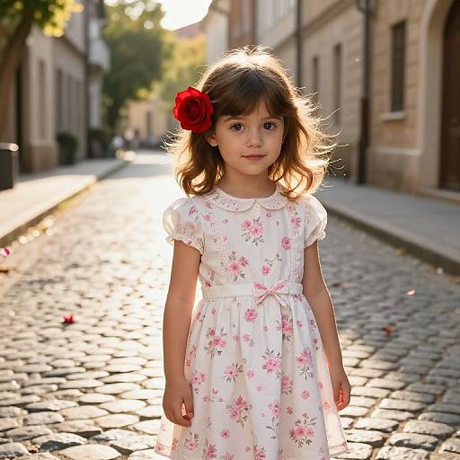 Young Girl with Rose on Cobblestone