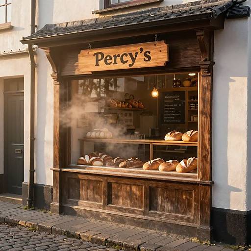 Photograph of a rustic, wooden Percy's bakery storefront with freshly baked bread displayed, steam rising, and warm sunlight illuminating the scene.