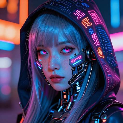 Neon-lit cyberpunk portrait of an Asian woman with glowing pink eyes, silver hair, and futuristic cybernetic headset, wearing a black hood