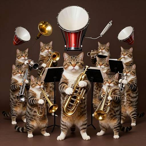 Photograph of six tabby cats playing brass instruments, including trombones and trumpets, with red and white drum sets in the background.