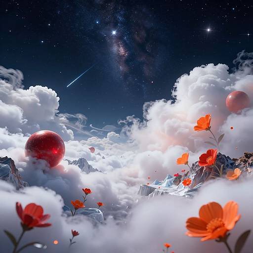 Digital artwork of a surreal sky with bright white clouds, red flowers, red orbs, mountains, a shooting star, and the Milky Way.