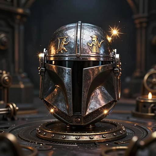 Photorealistic CGI of a detailed, metallic Mandalorian helmet with glowing gold accents and star-like sparks, centered on a dark, industrial background.