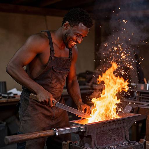 Photograph of a smiling, muscular Black man in brown overalls, hammering metal in a forge, with bright orange flames and sparkling embers.