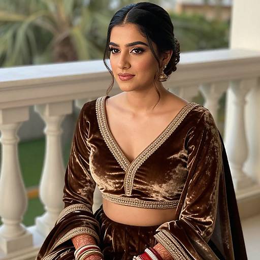 Photograph of a beautiful South Asian woman with dark hair in a braid, wearing a brown velvet choli and matching skirt, standing on a white