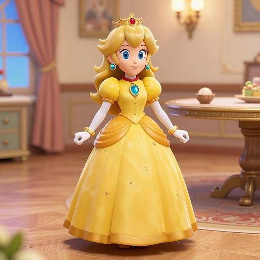 Digital CGI image of Princess Peach in a yellow gown with puffed sleeves, white gloves, blue gem necklace, and crown, standing in a warmly lit