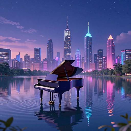 Digital artwork: A grand piano stands in a reflective, neon-lit lake at night, with a futuristic city skyline of glowing skyscrapers in the