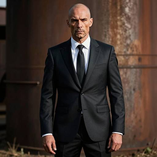 Photograph of a bald, bearded man in a black suit, white shirt, and black tie, standing against a rusty, industrial backdrop. Serious