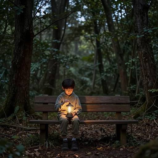 Boy with Lantern in Forest Clearing