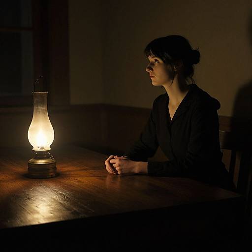 Photograph of a solemn woman in a black robe, sitting in dimly lit room, hands on wooden table, illuminated by vintage oil lamp.