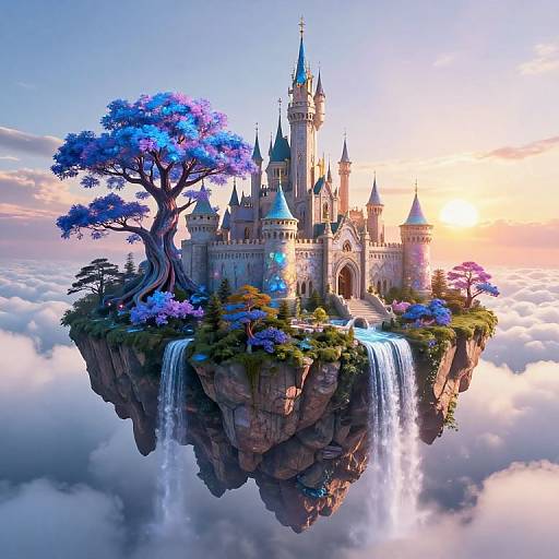 Fantastical digital artwork: floating castle with blue-tinted trees, waterfalls, surrounded by clouds, sun setting behind, vibrant colors, whims