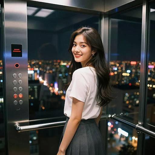 Photograph of an Asian woman with long black hair, smiling, wearing a white blouse and black skirt, in a high-rise elevator at night, city