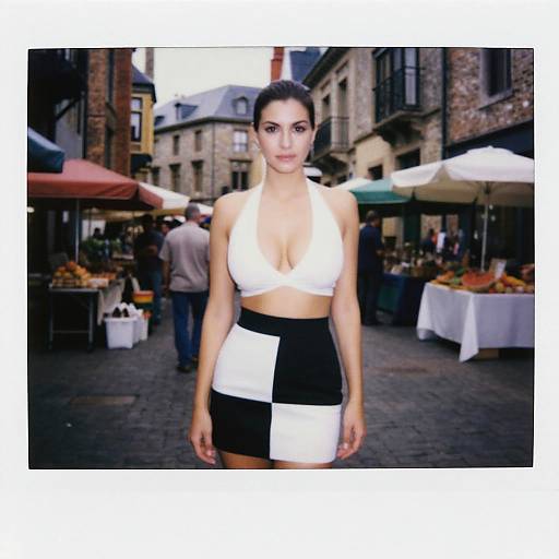 Photograph of a young woman with dark hair in a ponytail, wearing a white bralette and black-and-white checkerboard skirt, standing in a