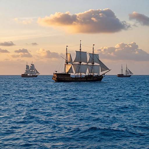 Photograph of three historic sailing ships with white sails on a vibrant blue ocean at sunset, under a sky with golden clouds.