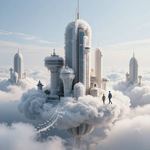 Digital art of futuristic skyscrapers on floating clouds, two silhouetted people walking, with a trail of lights leading up. Bright, airy