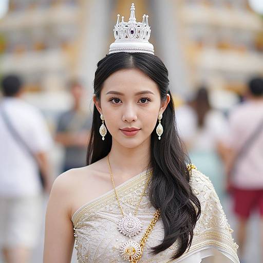 Photograph of an Asian woman with long black hair, wearing a white ornate sari, gold jewelry, and a white crown, standing in a